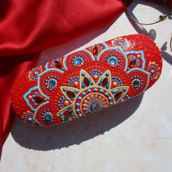 Personalized glasses case, Eyeglass case for women, Painted glasses holder, Eyeglass holder, Red case with mandala