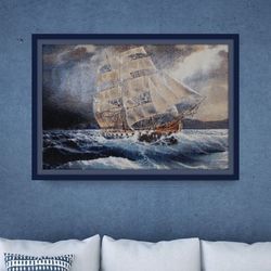 Seascape and Sailboat Wall Art Decor, Finished Cross Stitch, Ocean Embroidery Art Print, Blue Wall Art, Original Gifts,