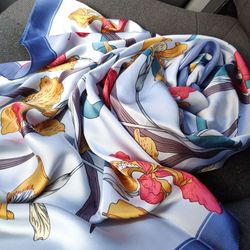 Blue silk scarf with flowers