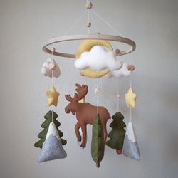 Woodland baby mobile nursery decor, forest crib mobile with Elk, newborn gift, baby shower gift, moose mobile