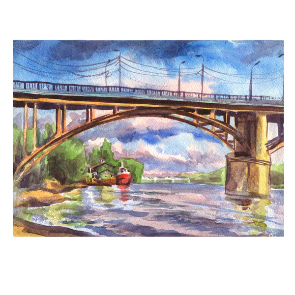 Watercolor painting. The bridge over the river with the ships_02.jpg