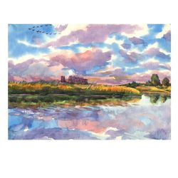 ORIGINAL WATERCOLOR PAINTING landscape sunset river Artwork gift hand painting