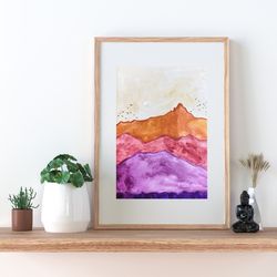 【Mountains】- Minimalist Violet Hills Abstract Landscape Art, watercolor art
