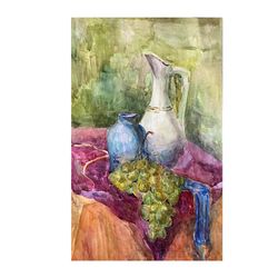 Still life with grapes and a jug original painting watercolor artwork Food Art