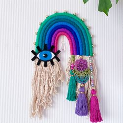 Unique birthday gift, Hamsa hand with evil eye wall decor, Macrame rainbow wall hanging, sun catcher crystal