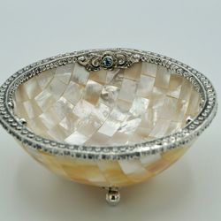 Round Bowl White Shell With Sterling Silver And Blue Topas, Amethyst, Citrine Stones