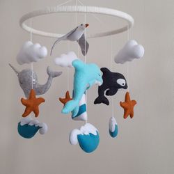 Ocean mobile baby nursery decor, sea fish & waves crib mobile, baby shower gift, baby mobile, pregnancy gift, new baby gift