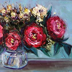 Roses Flowers Painting Oil Abstract Floral Original Art Impasto Artwork