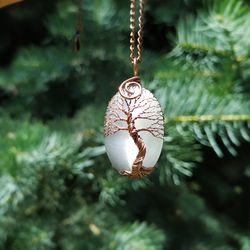 White Cats Eye Tree Of Life Pendant Necklace, Yoga Healing Jewelry, Birthday Gift for Men/Women