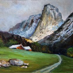 Mountains Painting Oil Meadow Original Art River Landscape Artwork