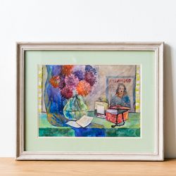 still life with flowers,original watercolor painting,wall art,floral painting