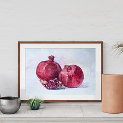 Pomegranates watercolor painting Fruit original art Kitchen small still life