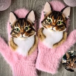 Custom pet portrait mittens. Personalized cat gloves. Animal mittens.