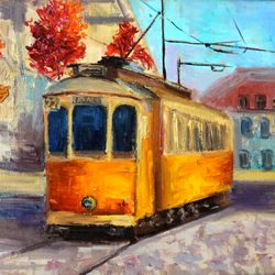 Yellow Tram Painting Oil Cityscape Original Art Artwork Canvas Art