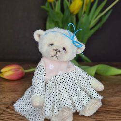 Miniature teddy bear in dress. Artist teddy bear gift.