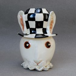 Porcelain vase Alice in Wonderland Ceramic figurine Rabbit Vase head Handmade Decorative Figurine White Rabbit Hat Animalistic Fabulous Sculpture Fine Art Ceramics Home decor