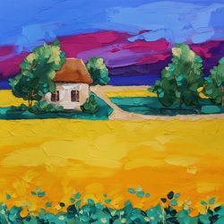 Meadow Floral Painting Old House Original Art Impasto Artwork Small Oil Painting 10 by 10 in