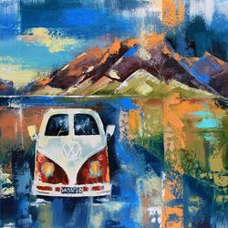 Retro Car Painting California Original Art VW Bus Wall Art Mountains Artwork Oil Canvas