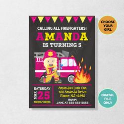 Firetruck Invitation, Fire Truck Birthday Invitation, Fireman Invitation, Firefighter Invitation, Firetruck Invite, Girl invitation, Fireman Party, Digital, Personalized