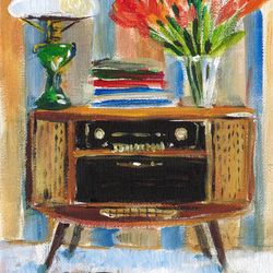 retro radio tape recorder with а cat and a bouquet