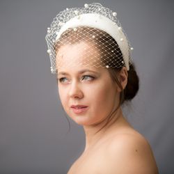 halo crown headband for bride with pearl birdcage veil. bridal hairband with beaded veil. padded bridal headband. bridal shower veil.