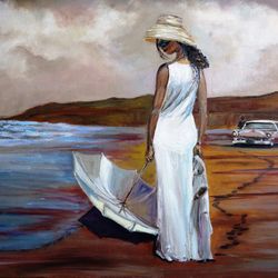 Girl on the Beach Painting Oil Seascape Original Art Artwork Impasto