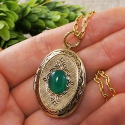 green agate necklace photo locket necklace mint emerald green gemstone oval golden locket pendant necklace jewelry 7818