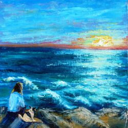 sunset painting oil seascape original art artwork impasto canvas art