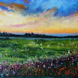 Wildflower Oil Painting Original Art Landscape Artwork Sunset Canvas Art Impasto