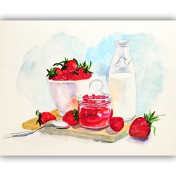 Strawberry Painting Watercolor Original Art Still Life Strawberry Artwork