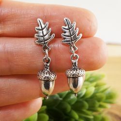 silver acorn earrings oak leaf earrings stud and dangle drop woodland botanical forest nature boho earrings jewelry 7432