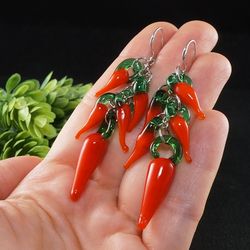 Red Hot Chili Peppers Earrings Lampwork Murano Glass Long Large Dangle Evil Eye Protection Pepper Earrings Jewelry 7986