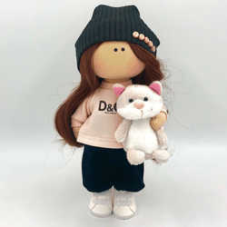 Textile doll with a cat, Personalized doll, Cloth tilda, Interior art doll, Rag doll, Gift for cat lover