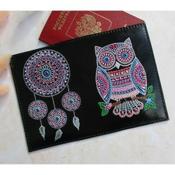Passport holder, Leather passport cover, Painted document holder, Owl passport, Dream Catcher, Travel accessories