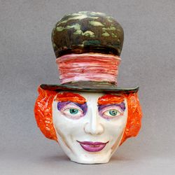 Head Vase ,Mad Hatter ,Sculpture, vase ,pottery Alice in Wonderland ,Decorative figurine, Ceramic face Vase, Porcelain sculpture, Art object, Home decor