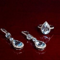 Sterling Silver Set Ring&Earrings With Blue Topaz Stones