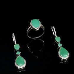 Sterling Silver Set Ring&Earrings With Chrysoprase And White Topaz Stones