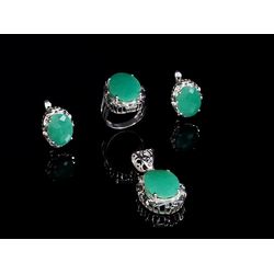 Sterling Silver Set Ring&Earrings Pendant With Chrysoprase Stones