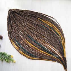 Forest Tale Synthetic brown dreadlock extensions with color accents. Natural look BOHO dread with jewelry