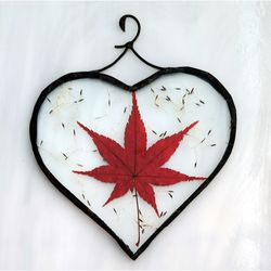Maple decor, Dried flowers in a frame, Suncatcher stained glass heart