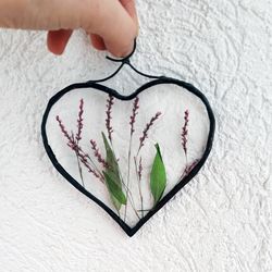 Lavender pressed flower frame, Stained glass heart, Suncatcher
