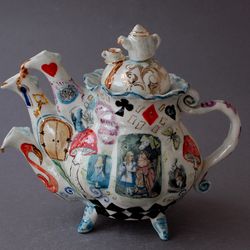 Porcelain Three spout teapot, Wonderland Porcelain teapot ,Mad Tea Party, handmade teapot, Hand painting ,Sculptural Art teapot, Whimsical Ceramic Teapot