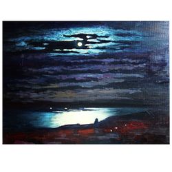 Full Moon Painting Oil Seascape Original Art Artwork Impasto Canvas Art