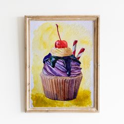 Sweet Cupcake watercolor art/Original painting/Framed/Gift/Home decor