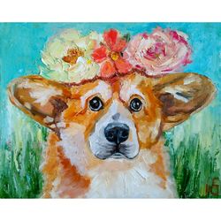 corgi painting original art dog artwork pet portrait floral wall art