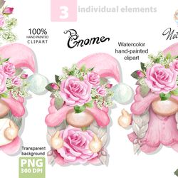 Watercolor vintage pink gnomes with roses, Vintage Gnomes