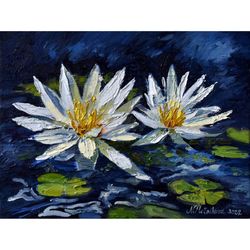 Water Lily painting Lotus Original Art Floral Artwork impasto oil painting