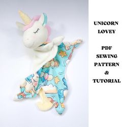 Unicorn lovey PDF sewing pattern and Tutorial Digital Download