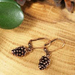 Copper Pine Сone Charm Dangle Earrings Woodland Forest Nature Botanical Minimalist Leverback Earrings Woman Girl Jewelry Gift for Her