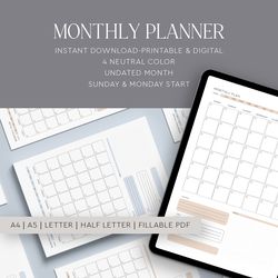 Monthly Printable and Digital Planner, Undated Planner, Goodnotes